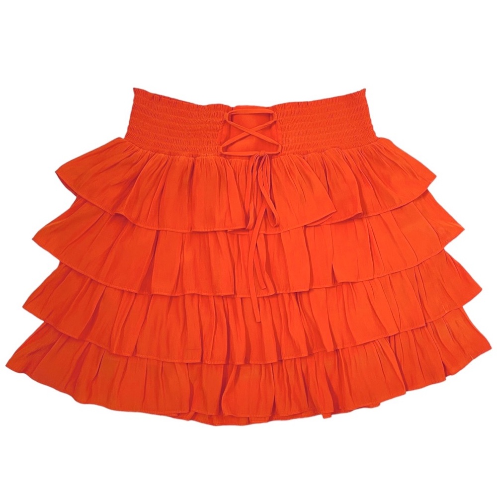 Ramy Brook Lace Up Mini Skirt Stormi Ruffle Tier Smocked Orange SZ Medium